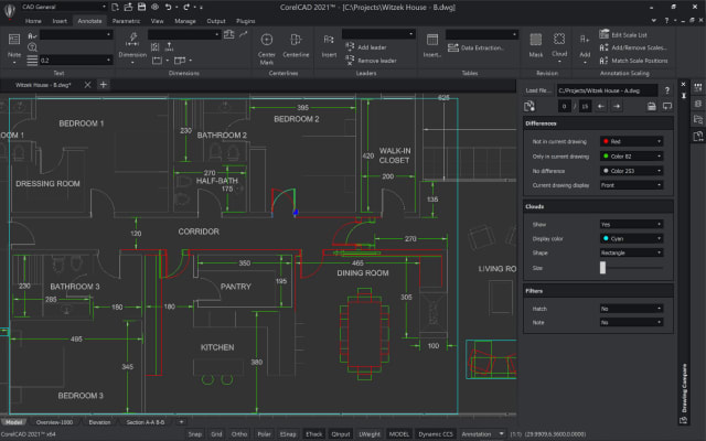 Drawing Compare is a new tool. Objects not in the current drawing are shown in red. (Image courtesy of Corel.)