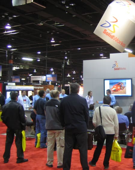 Drawing crowds. The SolidWorks booth at National Manufacturing Week/NDES. From its heyday in the late ’90s to 2006, when this picture was taken, the crowds had started diminishing. (Picture courtesy of The CAD Insider.)