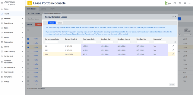 Selecting multiple leases for renewal and adjusting their variable details. (Graphic: R.O.I. Consulting Group.)