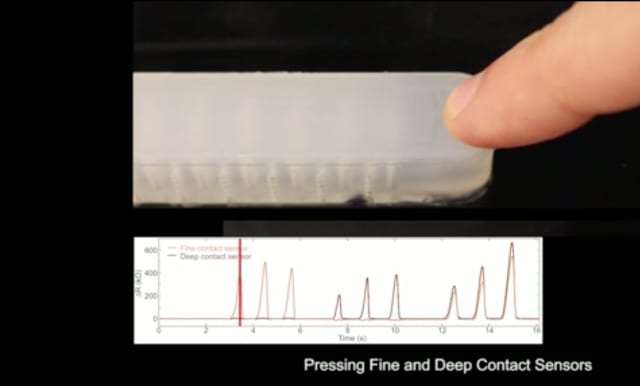 The fine and deep contact sensors embedded in the gripping apparatus give soft robots the ability to form a graded response to tactile stimulus. (Image courtesy of Harvard SEAS.)