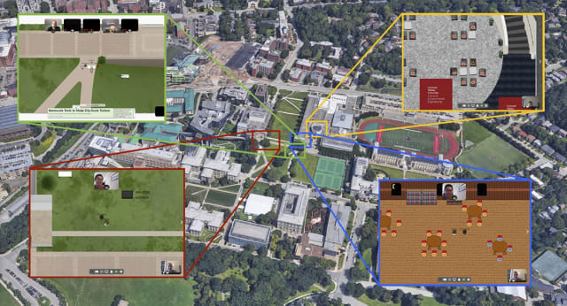 Four screenshots from Gather, showing how students, faculty and staff can virtually meet “on campus” using the platform. For example, the top right image shows students and faculty meeting at a poster during the poster session, while the bottom right shot shows Engineering staff writer Forney sitting in the “black chairs” meeting area formally known as Kirr Commons, where Forney would be able to voice chat with other users whose avatars were sitting in the orange circles. (Image and caption courtesy of CMU.)