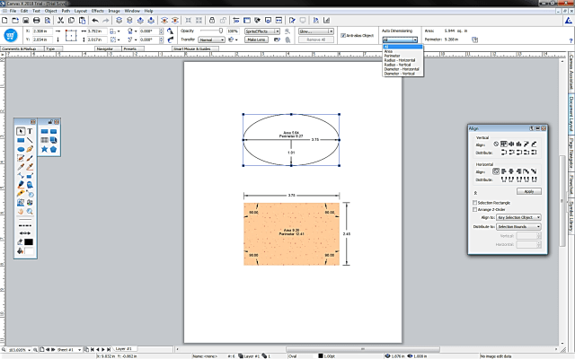 Figure 4. Auto Dimensioning various shapes can occur with the click of a button.