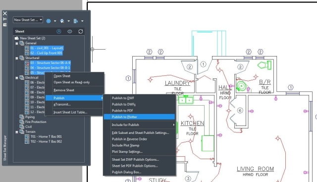 Figure 3. New Sheet Set Manager will publish to a plotter or export to PDF, DWF and DWFX formats.