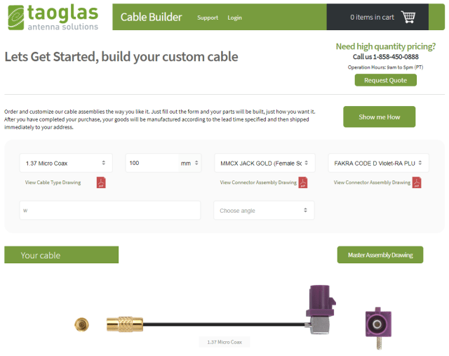 Screenshot of the Taoglas Cable Builder platform. (Image courtesy of Taoglas.)