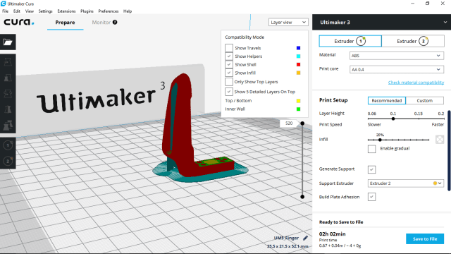 The gripper STL is sliced in Ultimaker Cura and ready to print. (Image courtesy of the author.)