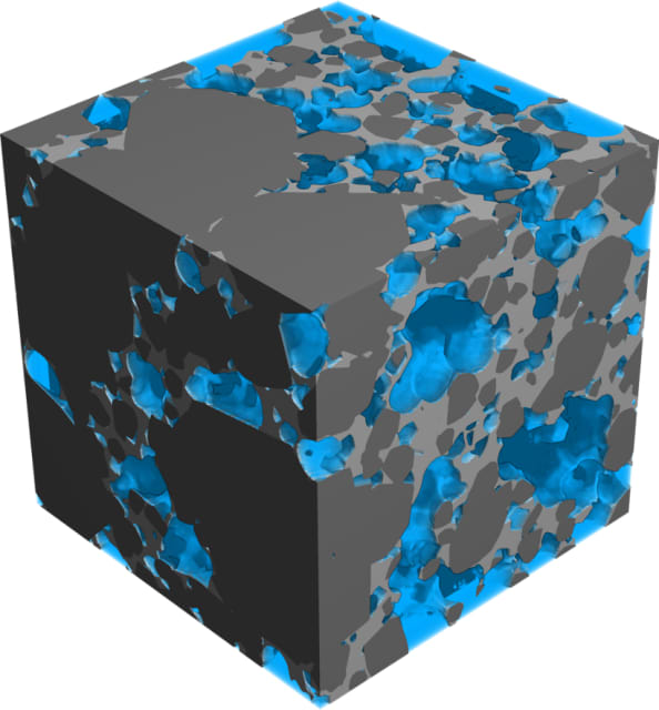 A lithium-ion cathode model for a battery designed with the GrainGeo module by Math2Market. GrainGeo creates a 3D model of ceramics, sintered materials, grain packings or powders, starting from user-defined parameters like grain size distribution, pore size distribution and grain shapes so you can get an idea of the material before it is created and CT-scanned. (Image courtesy of Math2Market.)