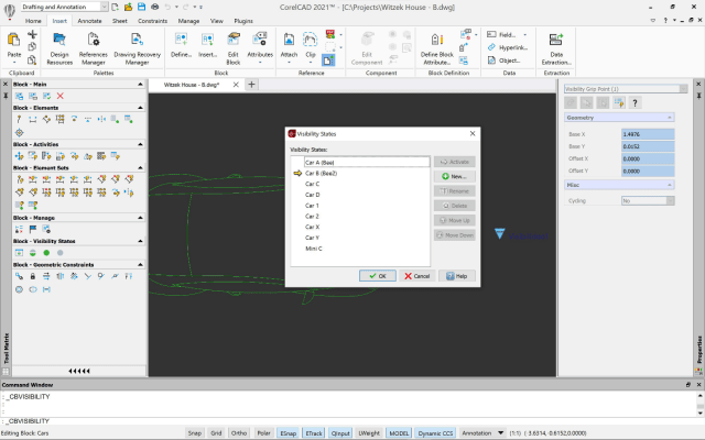 CorelCAD 2021 can edit AutoCAD’s dynamic blocks. Changes can be saved to dynamic block definitions by converting them to custom blocks. However, the drawing cannot be returned to AutoCAD and recognized as a native dynamic block. (Image courtesy of Corel.)