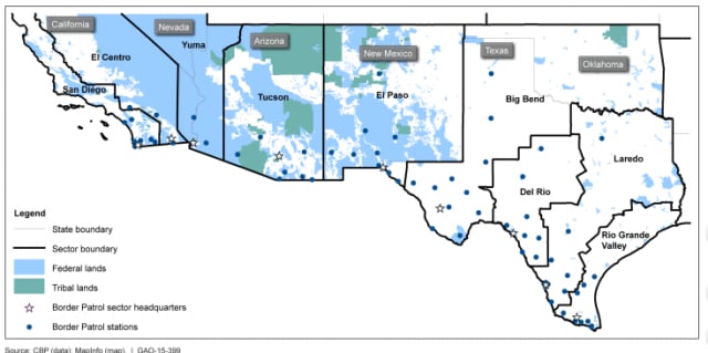 Land ownership varies along the border, with the federal government owning approximately a third of the border land. Private and state-owned land could pose a challenge to CBP’s plans to build the wall. (Image courtesy of the GAO.)