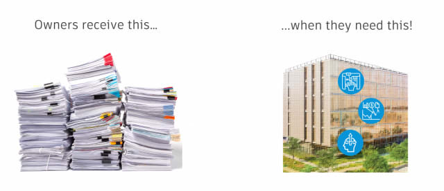There has to be a better way. Stacks of paper, or their digital equivalents, are provided to building owners at the end of a construction project. Wouldn’t a computer model with links to all the data be better? (Picture courtesy of Autodesk.)