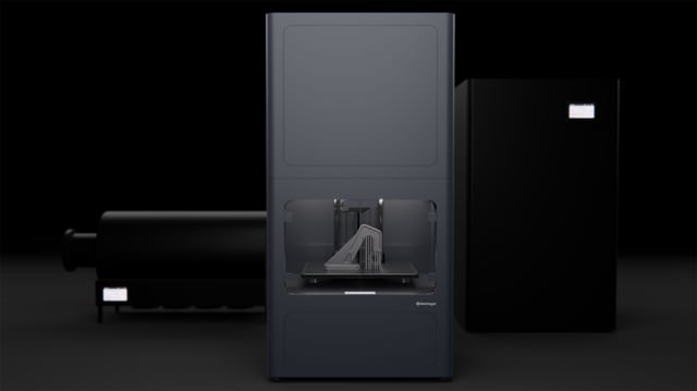 The Mark X flanked by the Sinter-1 sintering oven on the left and Wash-1 washing station on the right. (Image courtesy of Markforged.)