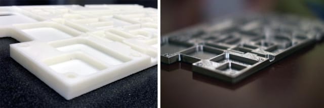 A specialty 3D-printed part, with pre-metallization on the left and post-metallization on the right.