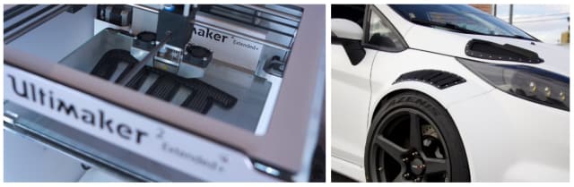 Vent being printed (left) and the final product on the car (right).