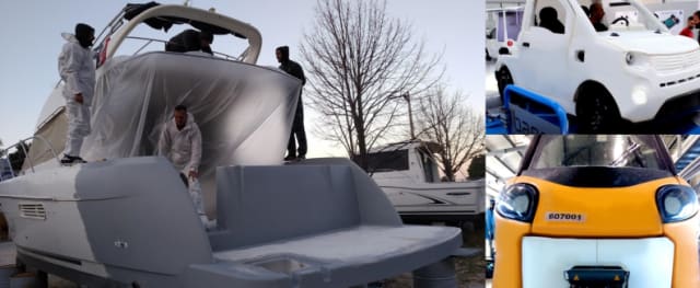 A yacht extension by Velum Nautica made in two parts on a Massivit 3D and an electric vehicle prototype.