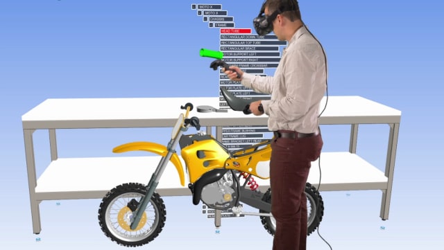 Author virtually interacts with a 3D model of a motorbike to collaborate with a customer on design. (Picture courtesy of Tech Soft.)