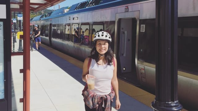 Chu riding the new SMART train in Marin County, Calif.