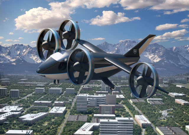 Bell, maker of helicopters, showed its 4 tilt-rotor design. The 7,000 lb, all-electric version is only good for 13 km to 22 km trips. The hybrid would be good for longer trips with a one-way maximum trip of 130 miles. (Image courtesy of Bell.)