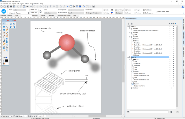 Screenshot of Canvas X 2018 with some library symbols (a water molecule and solar panel) and effects (shadow and reflection). The document layout tab (right) gives a detailed breakdown of every object in the document. (Image courtesy of Canvas GFX, Inc.)