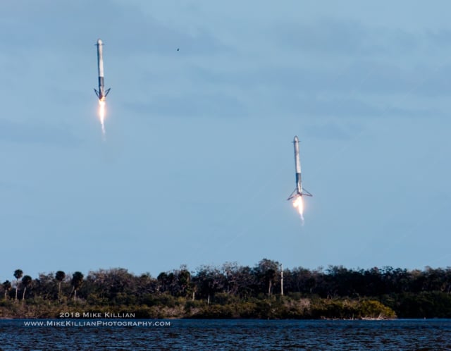 Figure 3. The Falcon Heavy’s two outer cores landing. (mage courtesy of Mike Killian/AmericaSpace.com.)