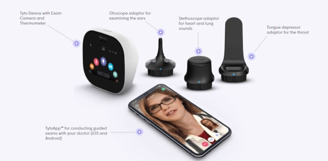 The TytoHome kit is a handheld telemedicine device that comes with a camera, thermometer and attachable adaptors. (Image courtesy of TytoCare.)