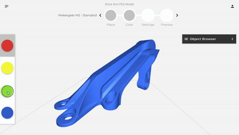 Attached to each of the colors is a material profile associated with print settings, such as extruder temperature. The g-code that is outputted from CANVAS directs the printer and Palette 2 to adjust settings when necessary. (Image courtesy of Mosaic.)
