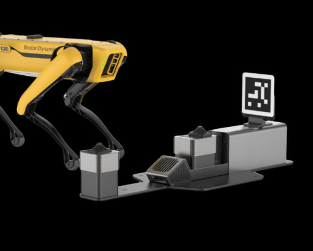 Spot approaches its dock. (Picture courtesy of Boston Dynamics.)