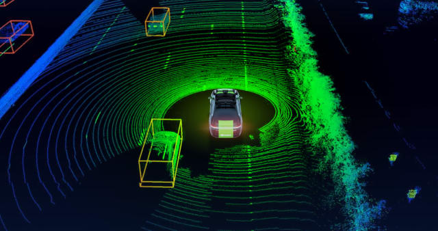 A LiDAR-equipped system generates millions of data points as it moves. The boxes represent shapes identified by onboard computers powered by machine learning. (Picture courtesy of NVIDIA.)