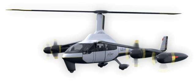 Jaunt air taxi, also all electric and the result of working with Uber, has one big rotor for vertical flight and 4 propellers for horizontal flight. (Image courtesy of Jaunt Air Mobility.)