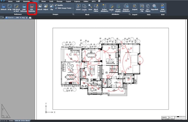 Figure 5. Example of electrical concept plan (red) based on an attached house PDF file used as an underlay.