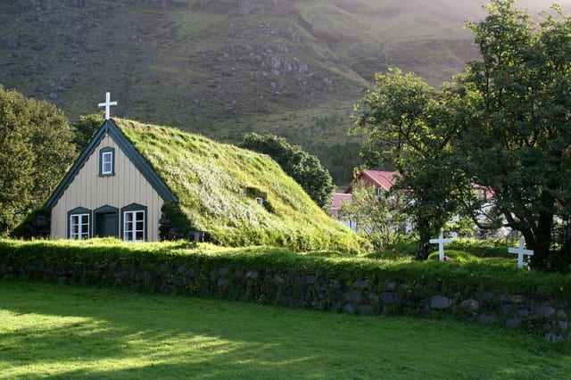 A sod roof church in Norway. (Image courtesy of Wikipedia.)