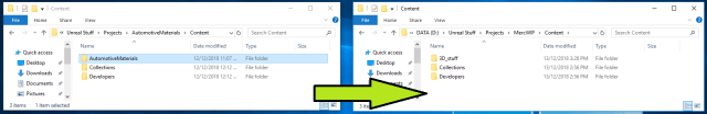 Figure 5. Transferring content from the Automotive Materials folder to your own project Content folder.