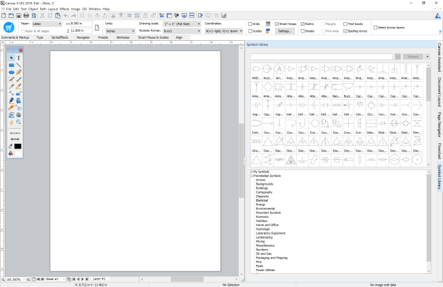 The user interface for Canvas X GIS 2018 is almost identical to Canvas X 2018 (notice a new menu option ‘GIS’ at the top of the ribbon). The symbol library is shown on the right. (Image courtesy of Canvas GFX, Inc.)