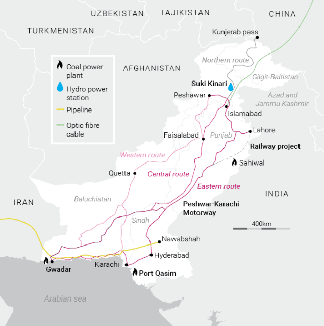 Routes connect China to the Arabian Sea through Pakistan, by passing a maritime route that took weeks to negotiate. Graphic by Marecelo Duhalde. (Image courtesy of SCMP.)