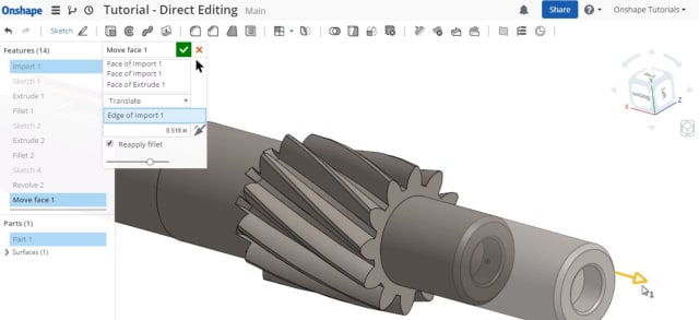 Captura de pantalla de edición directa enapeforme con la herramienta Mover rostro. Observe cómo esta herramienta crea una característica en el árbol de historial. (Imagen cortesía de Onshape).