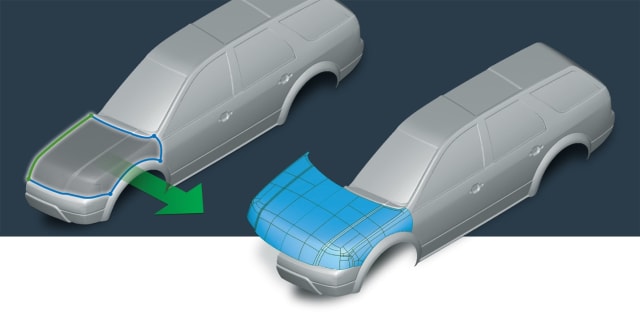 Predefined boundary and symmetry curves on a half digitized model are mirrored to make a whole model. (Picture courtesy of InnovWorks.)