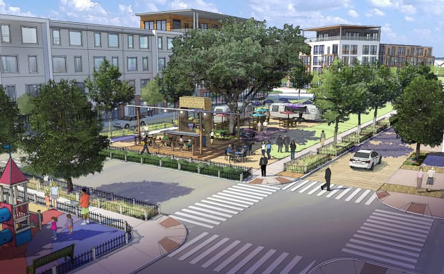 An illustration of the master plan for Colony Park in Austin, Tex., which was adopted by the city in 2014. The plan designates the park as a walkable residential area with commercial sections, and includes “efficient building design, water conservation strategies, and zero-waste technologies,” according to Farr Associates. (Image courtesy of Farr Associates.)