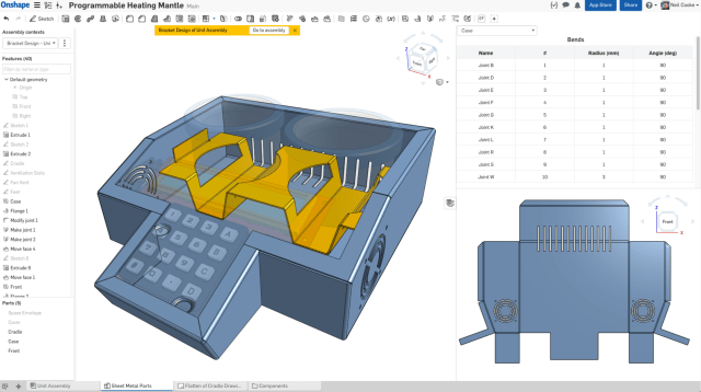 In Onshape, users can view a flat, folded, and table view of their sheet metal part simultaneously, with real-time updates. (Image courtesy of Onshape.)