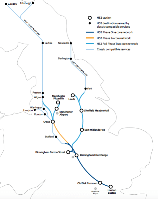 A map of the proposed additions to the UK High Speed 2 program. (Image courtesy of Tunnel Talk.)