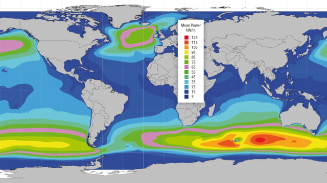 Areas around the globe where wave power is strongest. (Image courtesy of Intergovernmental Panel on Climate Change.)