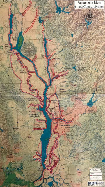 Over 16000 miles of levees (shown in red) keep the Sacramento River system from flooding California’s Central Valley. About a tenth of that distance is around Sacramento, the state’s capital. In addition, hundreds of miles of channels rout the water away from and around the city.