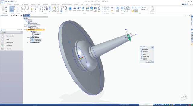 Screenshot van Solid Edge ST10, die een mix van parametrische en directe modellering genaamd synchrone technologie biedt.