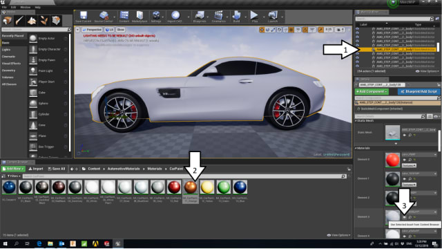 Figure 7. You can drag and drop materials or use the little arrow indicated at arrow 3.
