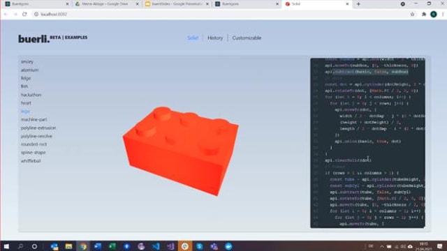 JavaScript code shows as Buerli building blocks are selected.