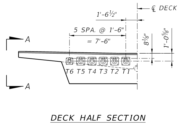 Deck half section shows steel strands making 12 tendons in the deck of the walkway. Longitudinal bottom-flange PT: 10 groups of 19x0. 6