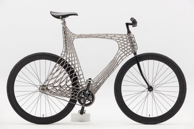This 3D-printed steel bike frame was made using a unique technology developed by MX3D to weld freeform metal structures in the air. (Image courtesy of MX3D.)