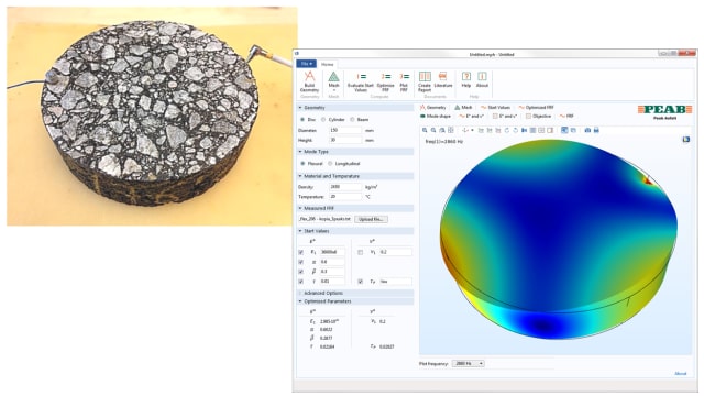 Figure 9. Left: Experimental setup for testing the stiffness of asphalt. Right: Simulation app used to calculate the stiffness of asphalt concrete. The app reads measurements from experimental tests for measuring asphalt material properties and lets engineers and technicians quickly determine if the material has the ideal stiffness for the environment in which it is being used.