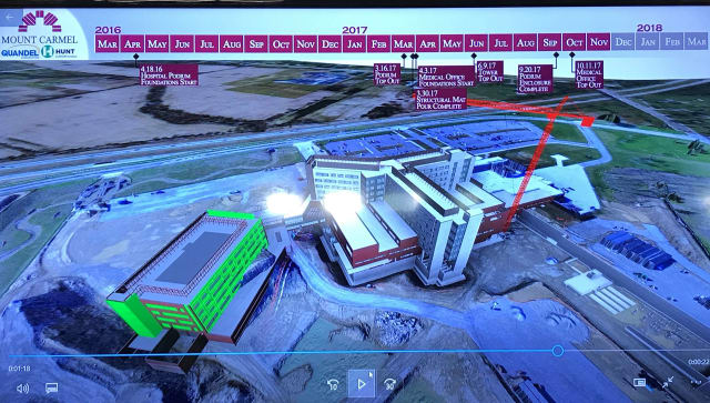 A 4D construction (the fourth dimension is time) of the Mount Carmel Hospital in Grove City, Ohio. Moving from month to month updates the view of construction overlaid on the BIM model. Health care facilities are a big focus for AECOM. The company, sold on BIM, sees it as a big advantage.
