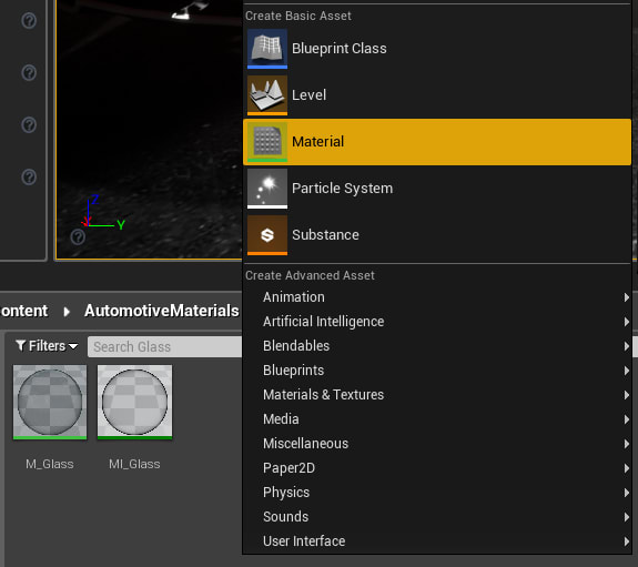Figure 11. To create a new Material, right-click in the Content Browser and select Material.
