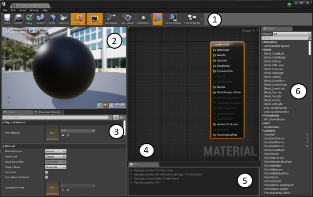 Figure 13. The Materials Editor screen and its six parts.
