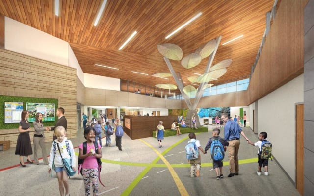 Walnut is the tree of knowledge. A stylized walnut tree adorns the main building of the Walnut Grove Elementary school AECOM is building. (Image courtesy of AECOM.)