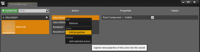 Figure 14. Making properties visible in the Variant Manager.